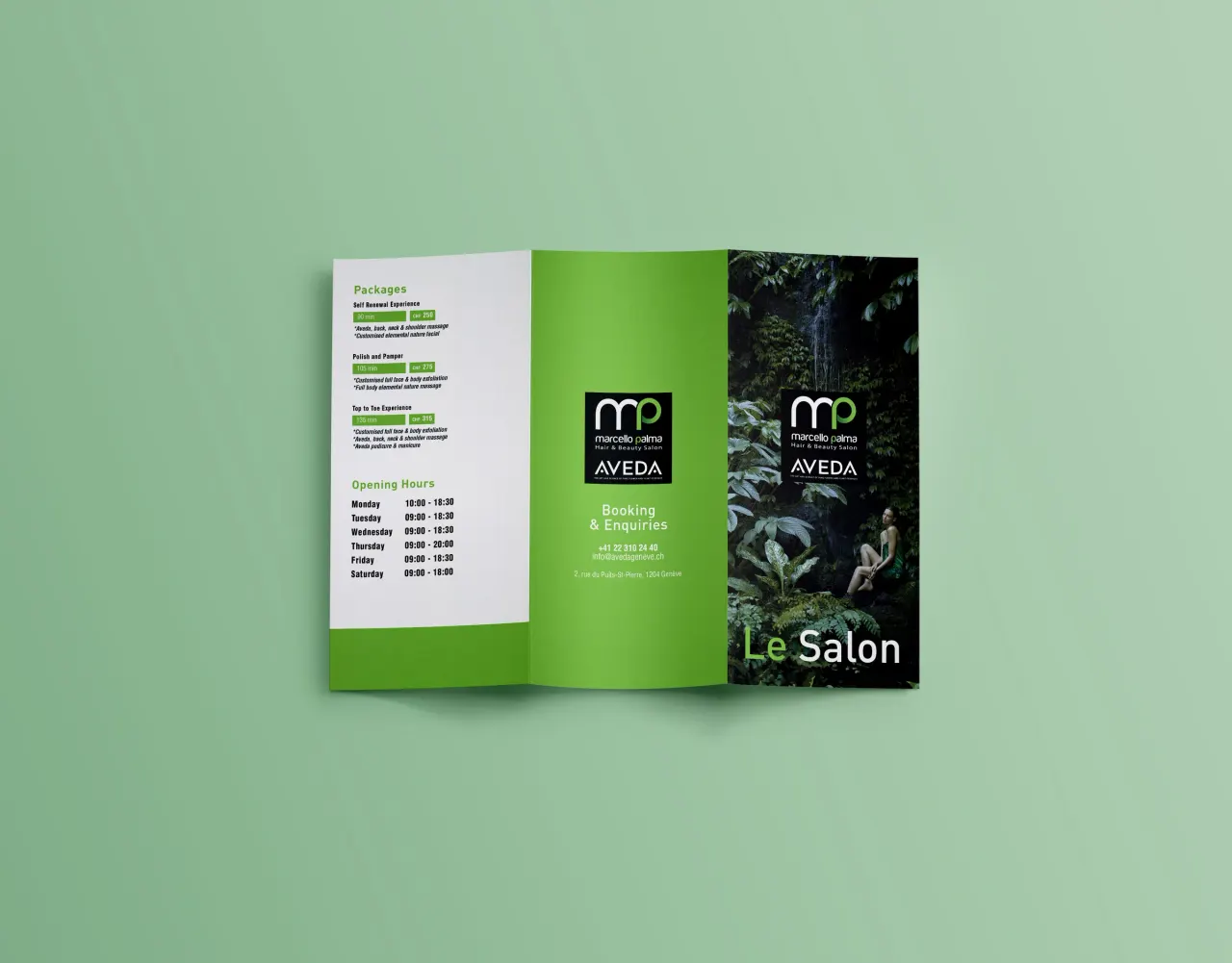 Graphisme et identité Marcello Palma - Aveda - Trifold par Clément Calloud